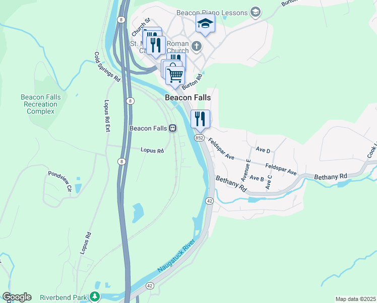 map of restaurants, bars, coffee shops, grocery stores, and more near 99 Railroad Avenue in Beacon Falls
