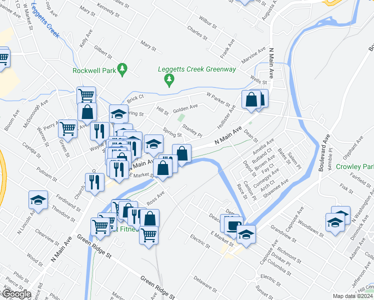 map of restaurants, bars, coffee shops, grocery stores, and more near 2079 North Main Avenue in Scranton