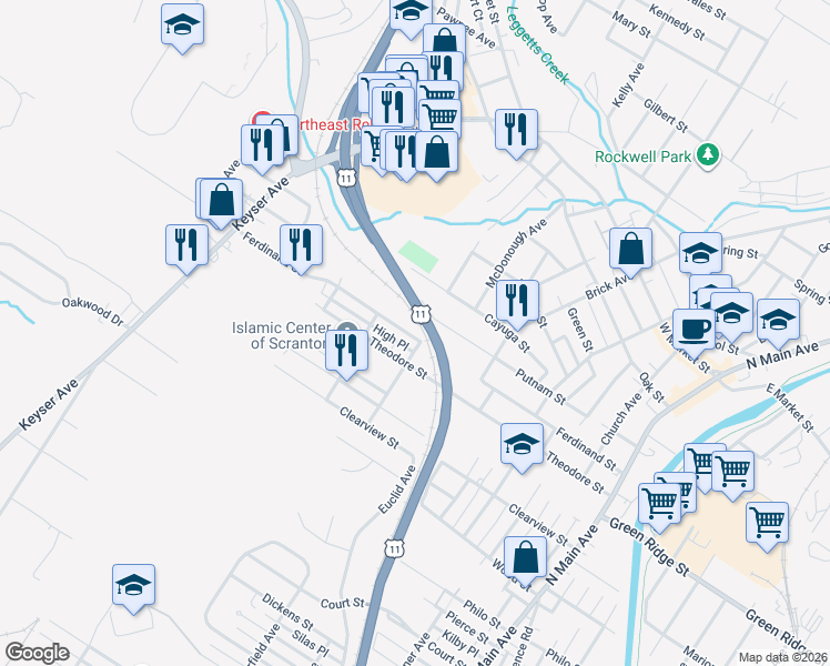 map of restaurants, bars, coffee shops, grocery stores, and more near 613 Ferdinand Street in Scranton