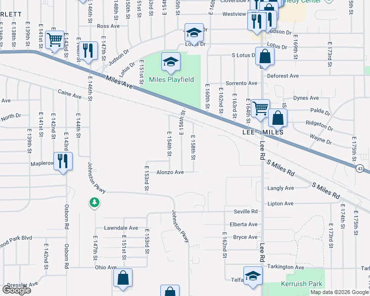 map of restaurants, bars, coffee shops, grocery stores, and more near 4421 East 156th Street in Cleveland