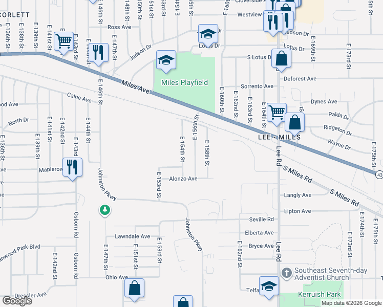 map of restaurants, bars, coffee shops, grocery stores, and more near 4421 East 156th Street in Cleveland