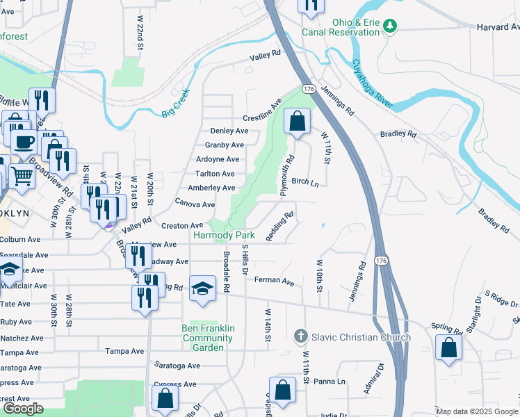 map of restaurants, bars, coffee shops, grocery stores, and more near 1326 Plymouth Road in Cleveland