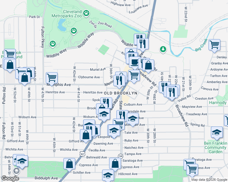 map of restaurants, bars, coffee shops, grocery stores, and more near 3525 Henritze Avenue in Cleveland