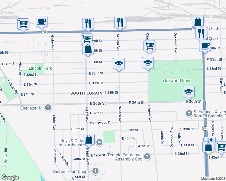 map of restaurants, bars, coffee shops, grocery stores, and more near 1883 East 34th Street in Lorain