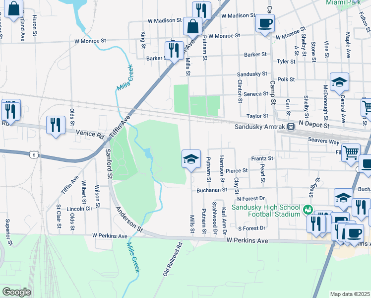map of restaurants, bars, coffee shops, grocery stores, and more near 1753 Mills Street in Sandusky