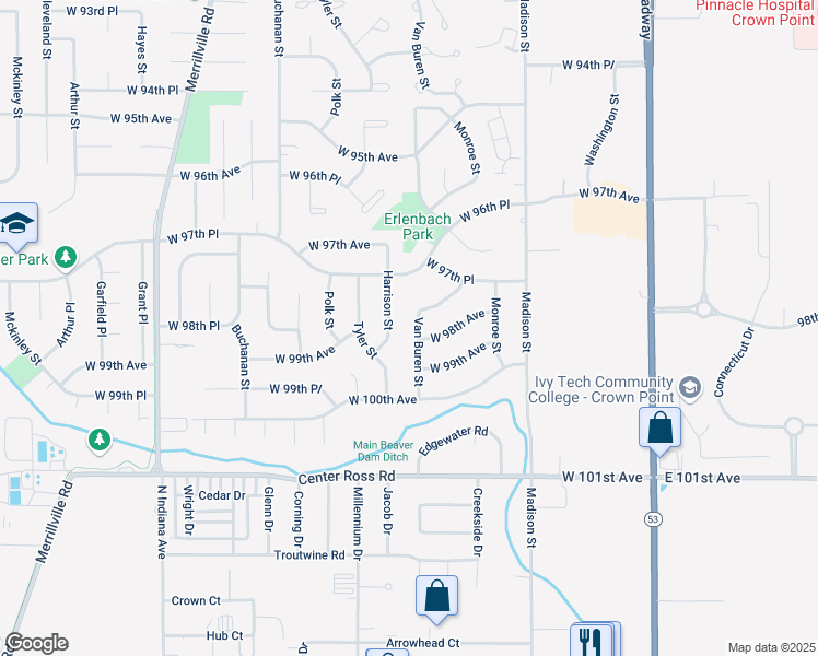 map of restaurants, bars, coffee shops, grocery stores, and more near 9790 Van Buren St in Crown Point