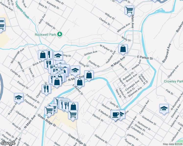 map of restaurants, bars, coffee shops, grocery stores, and more near 2079 North Main Avenue in Scranton