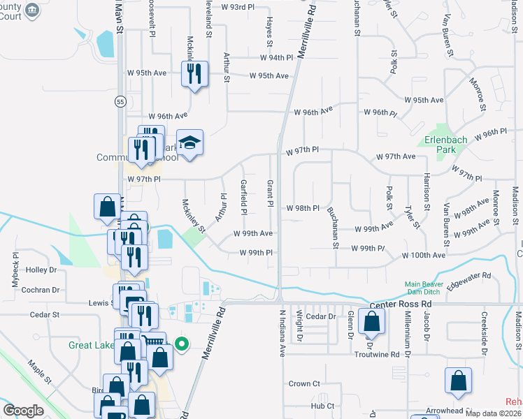 map of restaurants, bars, coffee shops, grocery stores, and more near 9865 Grant Place in Crown Point