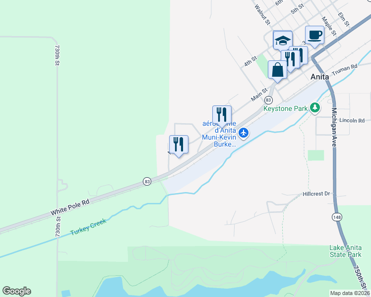 map of restaurants, bars, coffee shops, grocery stores, and more near 1806 Main Street in Anita