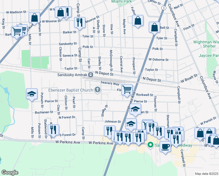 map of restaurants, bars, coffee shops, grocery stores, and more near 1005 Filmore Street in Sandusky