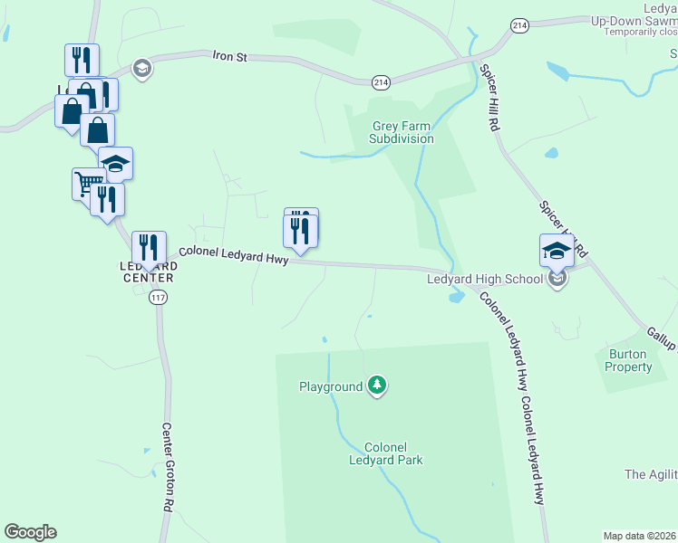 map of restaurants, bars, coffee shops, grocery stores, and more near 669 Colonel Ledyard Highway in Ledyard