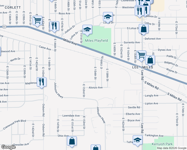 map of restaurants, bars, coffee shops, grocery stores, and more near 4432 East 154th Street in Cleveland