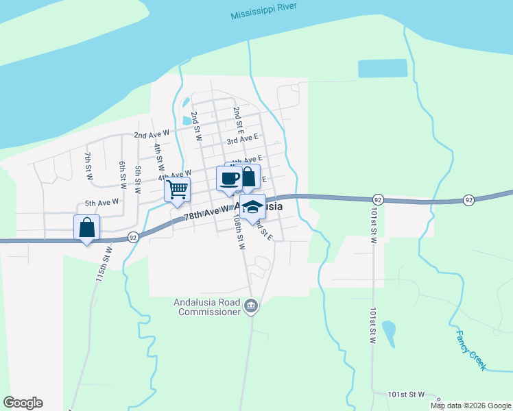 map of restaurants, bars, coffee shops, grocery stores, and more near 206 6th Avenue East in Andalusia