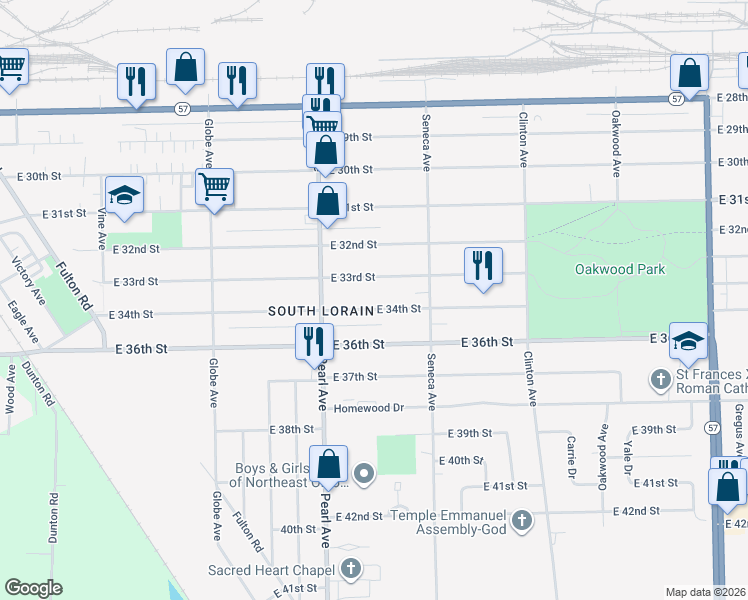 map of restaurants, bars, coffee shops, grocery stores, and more near 1853 East 34th Street in Lorain