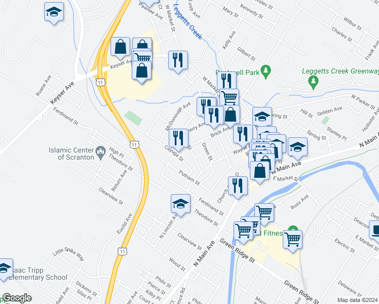 map of restaurants, bars, coffee shops, grocery stores, and more near 337 Warren Street in Scranton