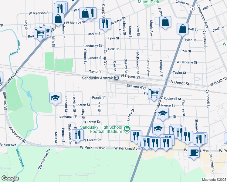 map of restaurants, bars, coffee shops, grocery stores, and more near 1303 Filmore Street in Sandusky