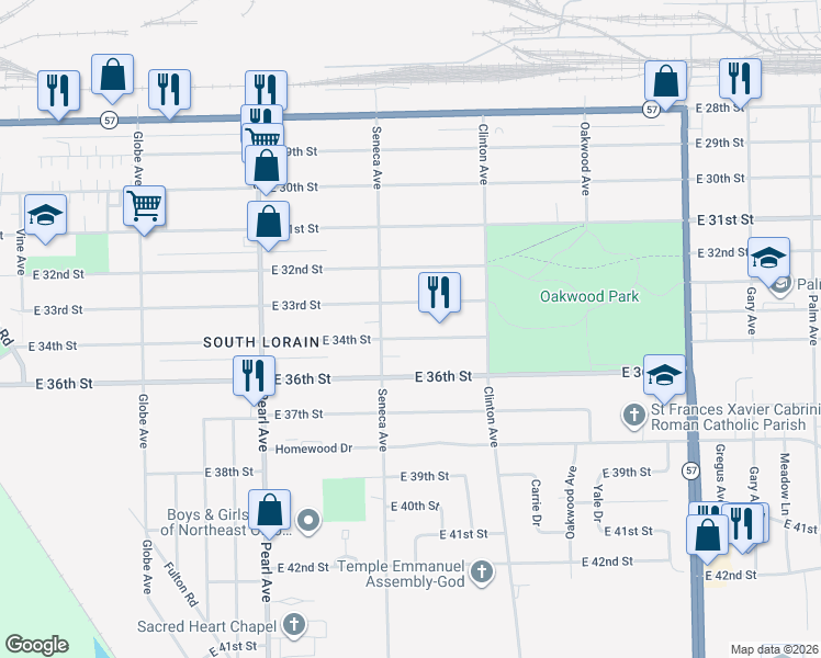 map of restaurants, bars, coffee shops, grocery stores, and more near 1923 East 34th Street in Lorain