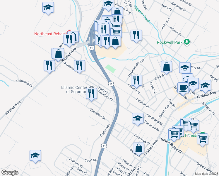 map of restaurants, bars, coffee shops, grocery stores, and more near 613 Ferdinand Street in Scranton