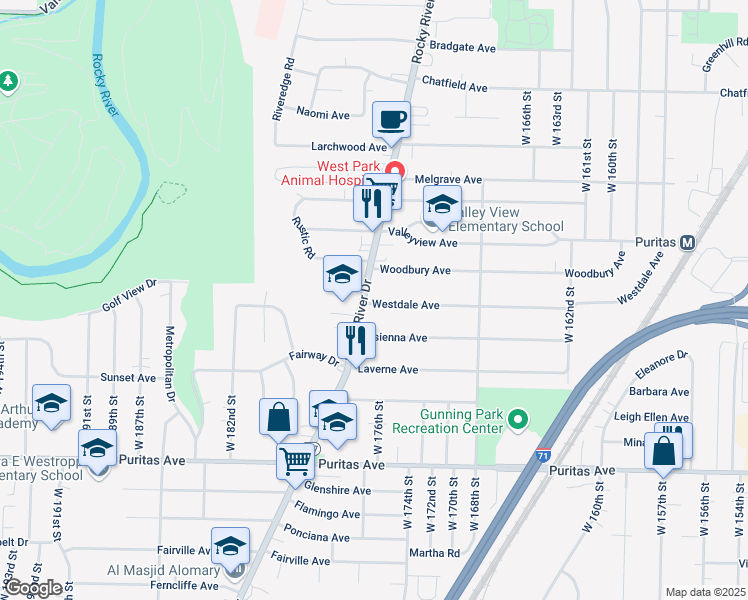 map of restaurants, bars, coffee shops, grocery stores, and more near 17507 Westdale Avenue in Cleveland