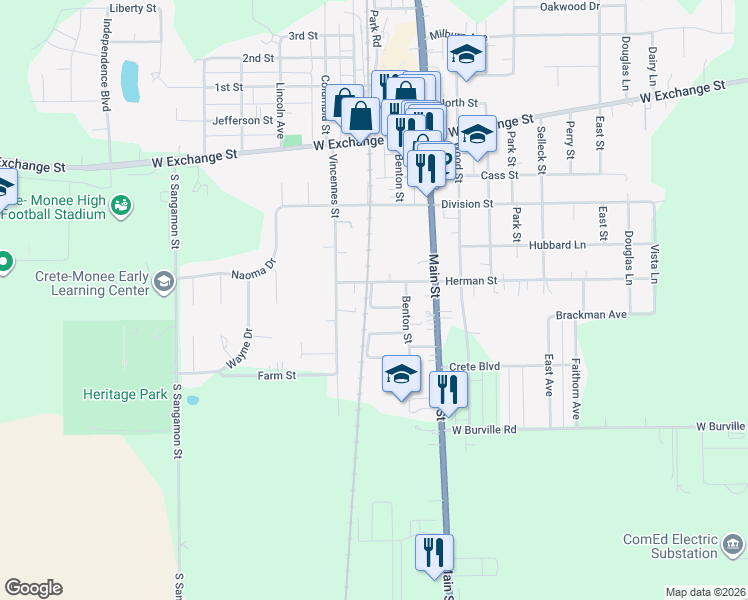 map of restaurants, bars, coffee shops, grocery stores, and more near 528 Gordon Drive in Crete