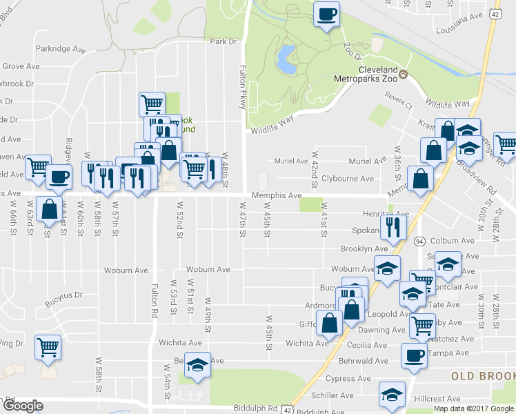 map of restaurants, bars, coffee shops, grocery stores, and more near 4514 Henritze Avenue in Cleveland