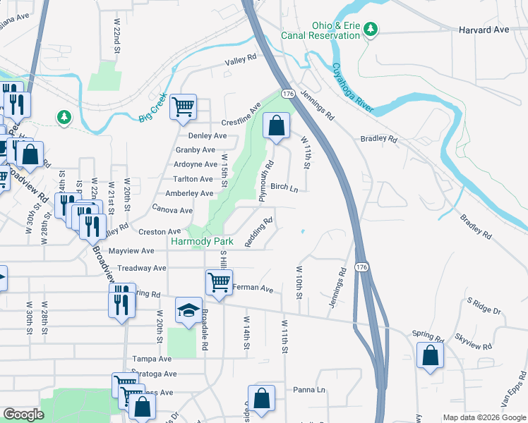 map of restaurants, bars, coffee shops, grocery stores, and more near 4298 West 12th Street in Cleveland