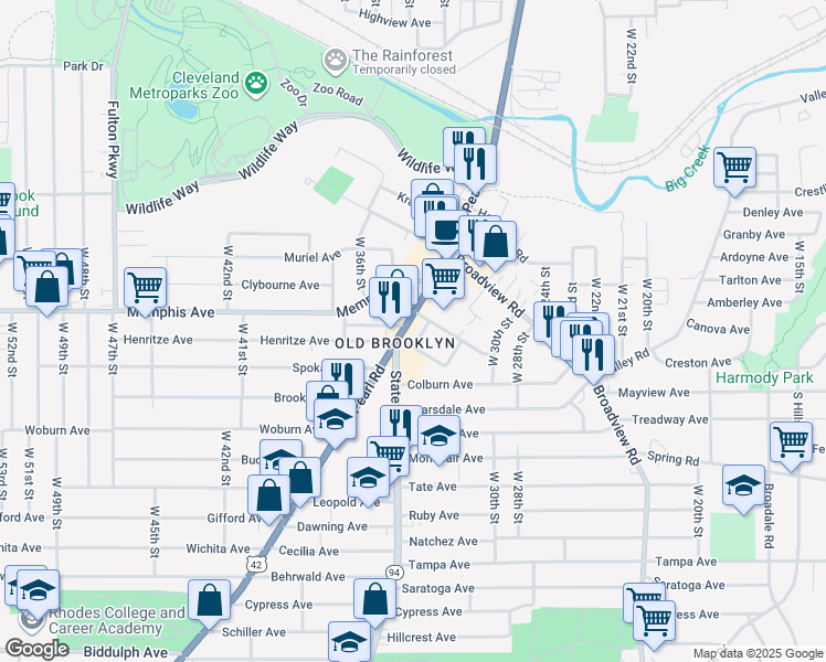 map of restaurants, bars, coffee shops, grocery stores, and more near 4269 Pearl Road in Cleveland