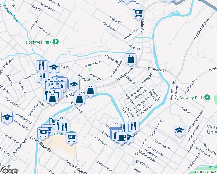 map of restaurants, bars, coffee shops, grocery stores, and more near O Cherry Street in Scranton