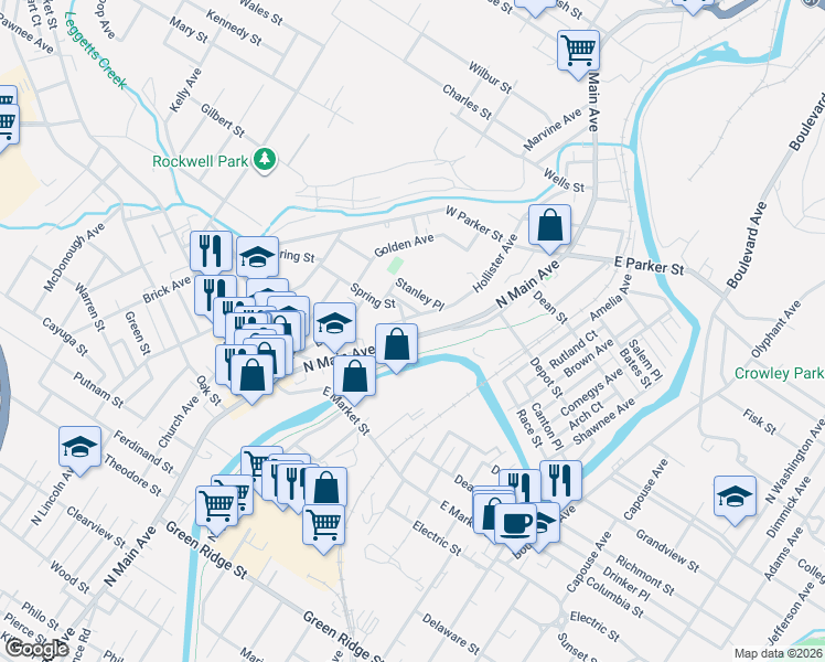 map of restaurants, bars, coffee shops, grocery stores, and more near 2130 North Main Avenue in Scranton