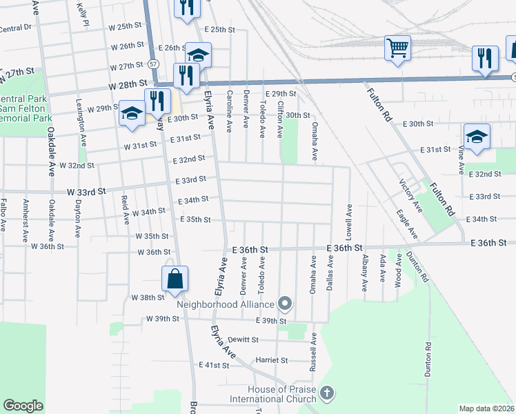 map of restaurants, bars, coffee shops, grocery stores, and more near 612 East 34th Street in Lorain
