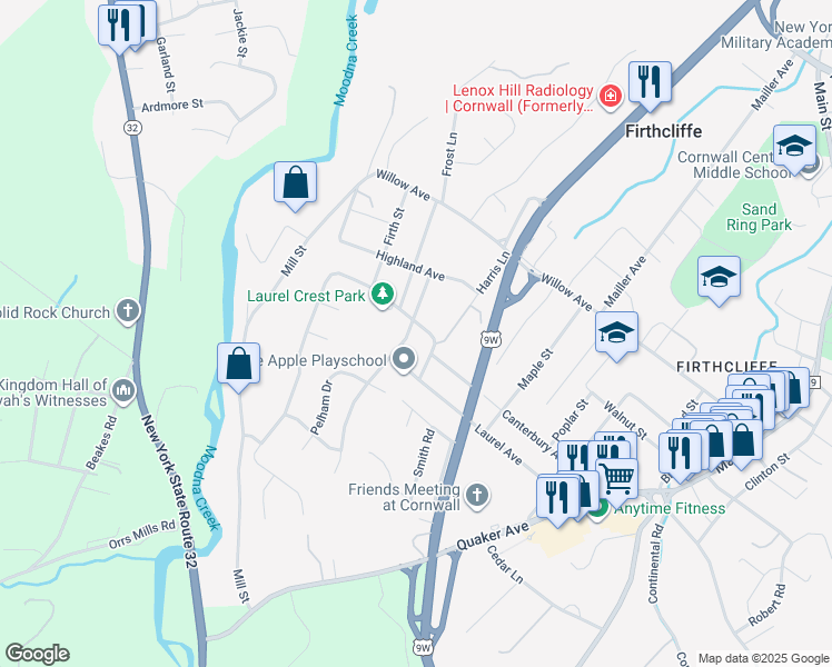 map of restaurants, bars, coffee shops, grocery stores, and more near 105 Russell Street in Cornwall