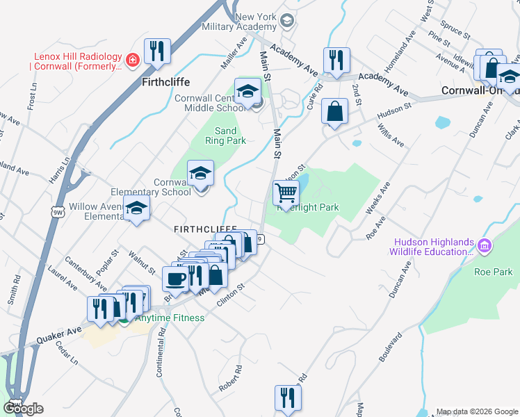 map of restaurants, bars, coffee shops, grocery stores, and more near 186 Main Street in Cornwall