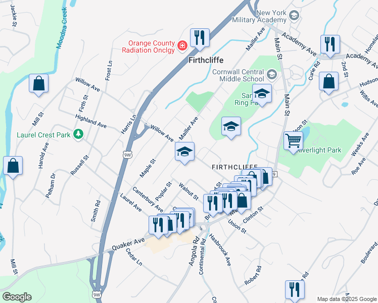 map of restaurants, bars, coffee shops, grocery stores, and more near 66 Willow Avenue in Cornwall