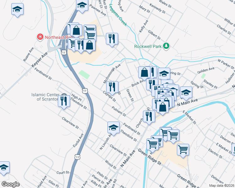 map of restaurants, bars, coffee shops, grocery stores, and more near 1710 Brick Avenue in Scranton