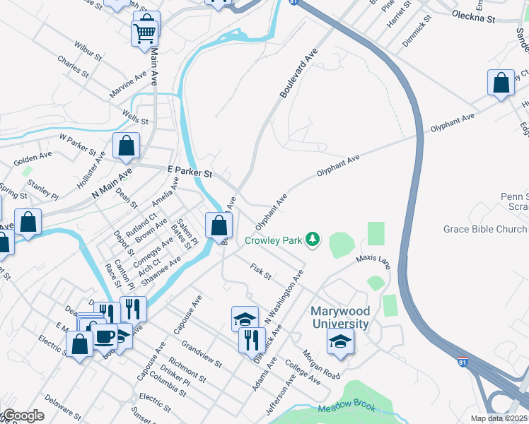 map of restaurants, bars, coffee shops, grocery stores, and more near 2642 Olyphant Avenue in Scranton
