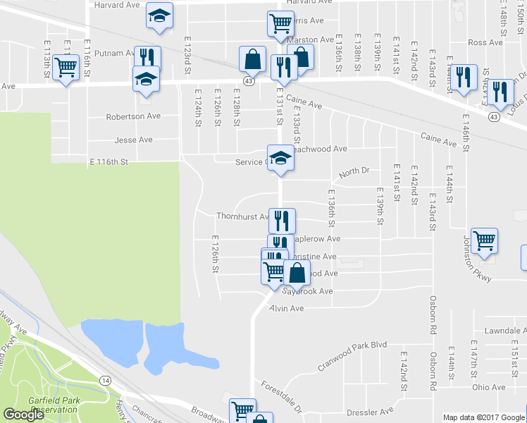 map of restaurants, bars, coffee shops, grocery stores, and more near 12906 Thornhurst Avenue in Garfield Heights