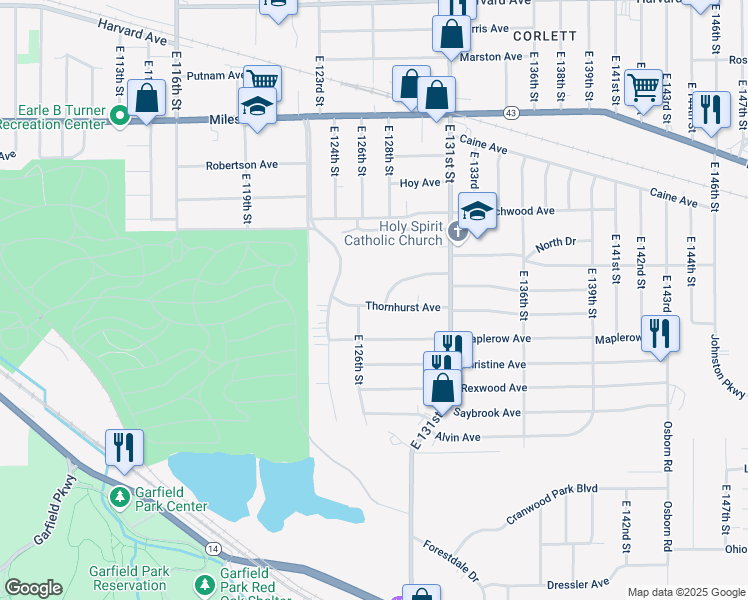 map of restaurants, bars, coffee shops, grocery stores, and more near 12708 Thornhurst Avenue in Garfield Heights