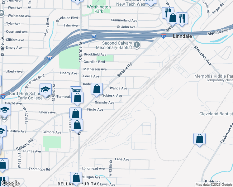 map of restaurants, bars, coffee shops, grocery stores, and more near 12505 Sobieski Avenue in Cleveland