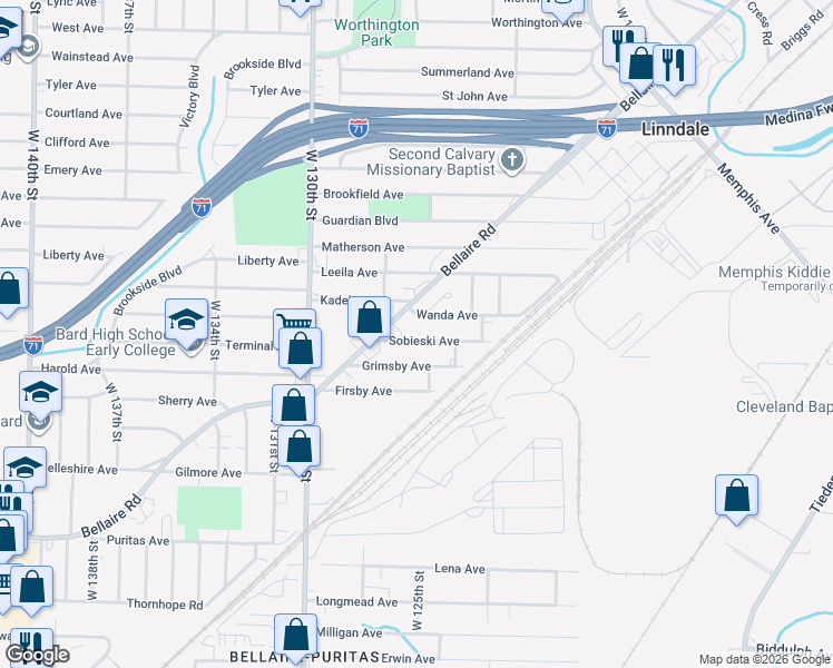 map of restaurants, bars, coffee shops, grocery stores, and more near 12505 Sobieski Avenue in Cleveland