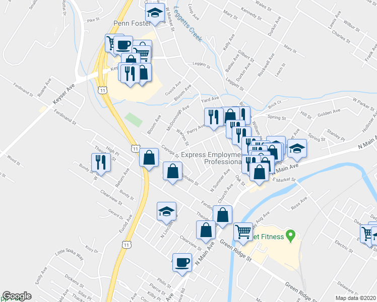 map of restaurants, bars, coffee shops, grocery stores, and more near 1724 Brick Avenue in Scranton