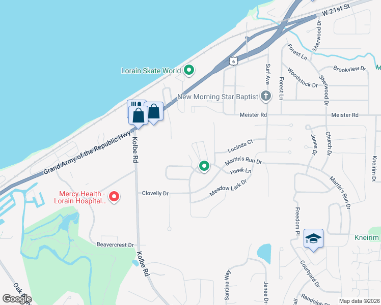 map of restaurants, bars, coffee shops, grocery stores, and more near 3656 Morningside Way in Lorain