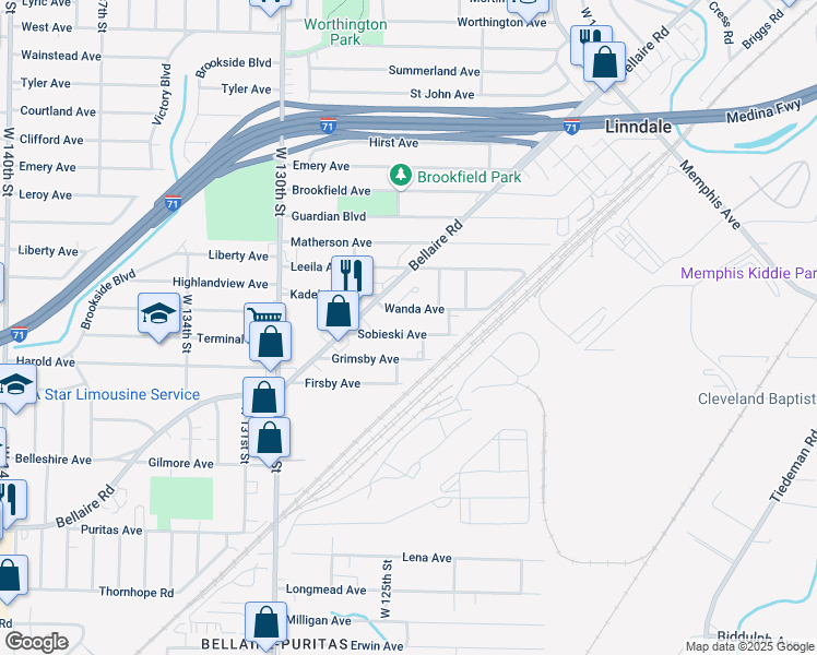 map of restaurants, bars, coffee shops, grocery stores, and more near 12505 Sobieski Avenue in Cleveland