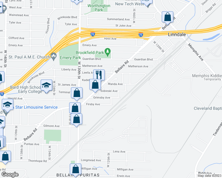 map of restaurants, bars, coffee shops, grocery stores, and more near 12505 Sobieski Avenue in Cleveland