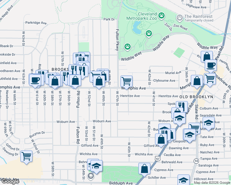 map of restaurants, bars, coffee shops, grocery stores, and more near 4313 West 48th Street in Cleveland
