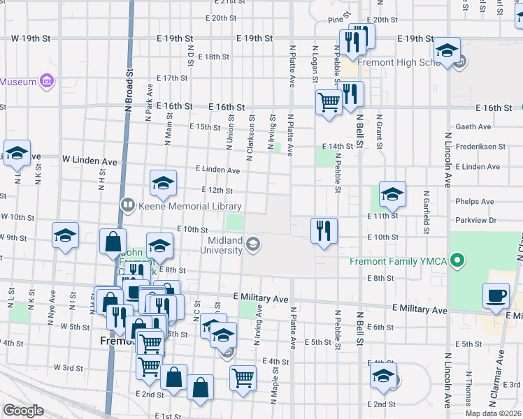 map of restaurants, bars, coffee shops, grocery stores, and more near North Irving Street in Fremont