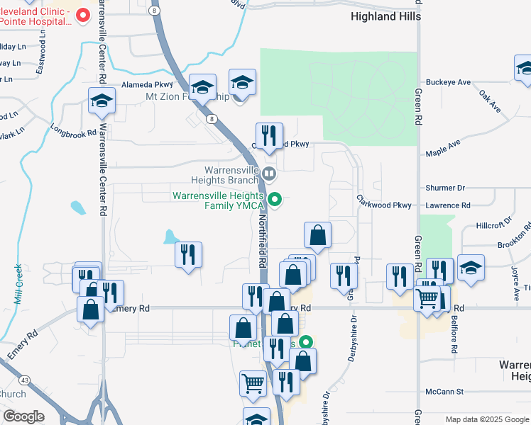 map of restaurants, bars, coffee shops, grocery stores, and more near 4415 Northfield Road in Warrensville Heights