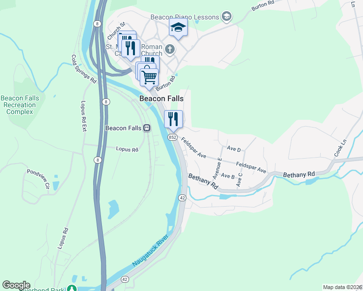 map of restaurants, bars, coffee shops, grocery stores, and more near 91 South Main Street in Beacon Falls