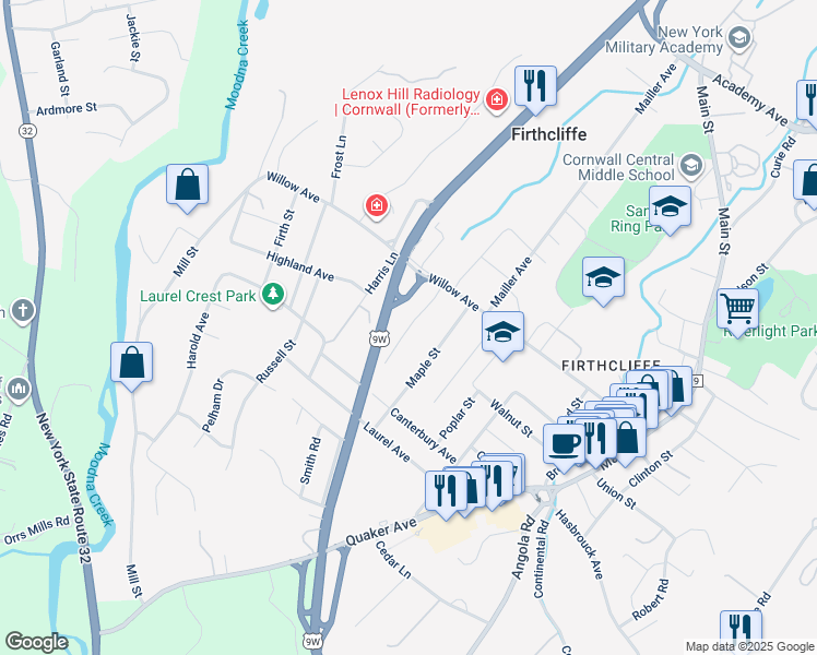 map of restaurants, bars, coffee shops, grocery stores, and more near 34 Maple Street in Cornwall