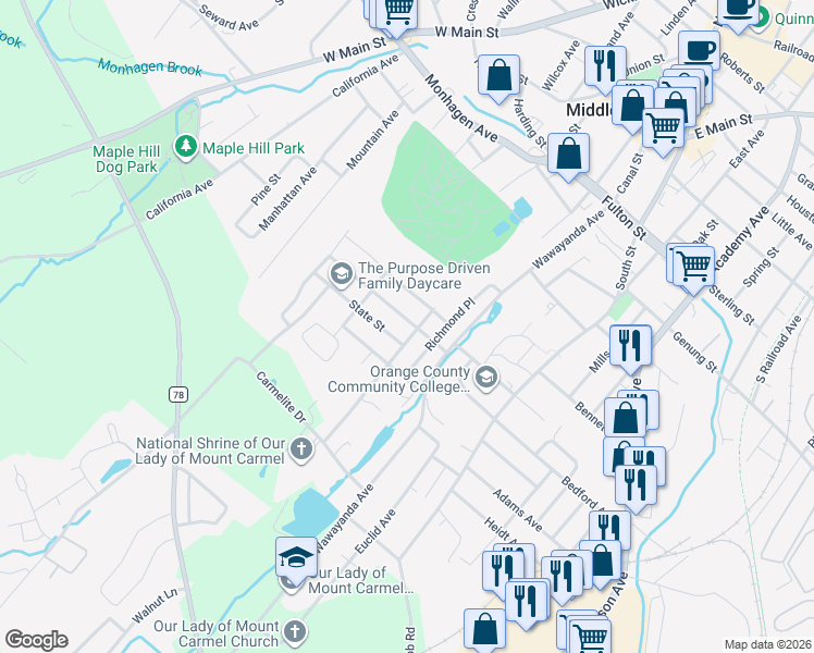 map of restaurants, bars, coffee shops, grocery stores, and more near 43 State Street in Middletown