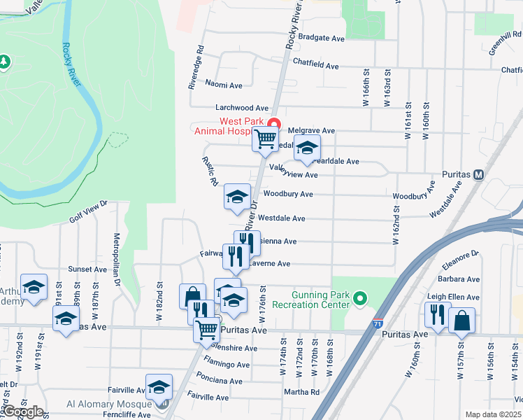 map of restaurants, bars, coffee shops, grocery stores, and more near 17507 Westdale Avenue in Cleveland